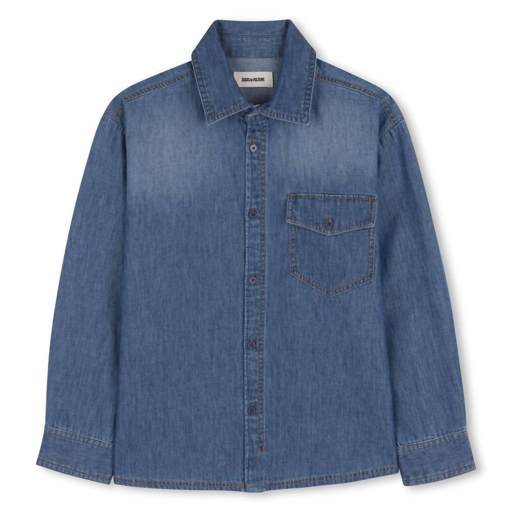 NEW ZADIG & VOLTAIRE boy's chambray pocket shirt in denim blue